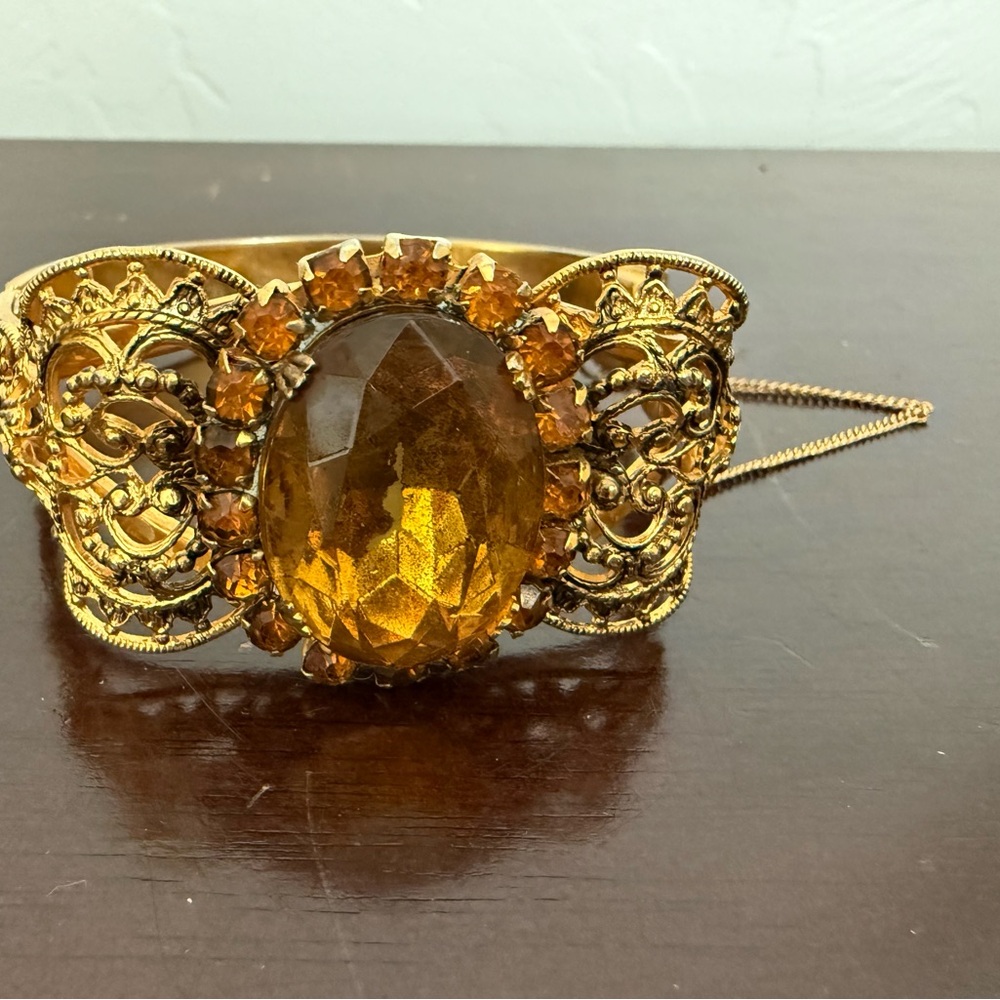 Victorian Gold accent Bracelet with Amber Gemstone & safety chain